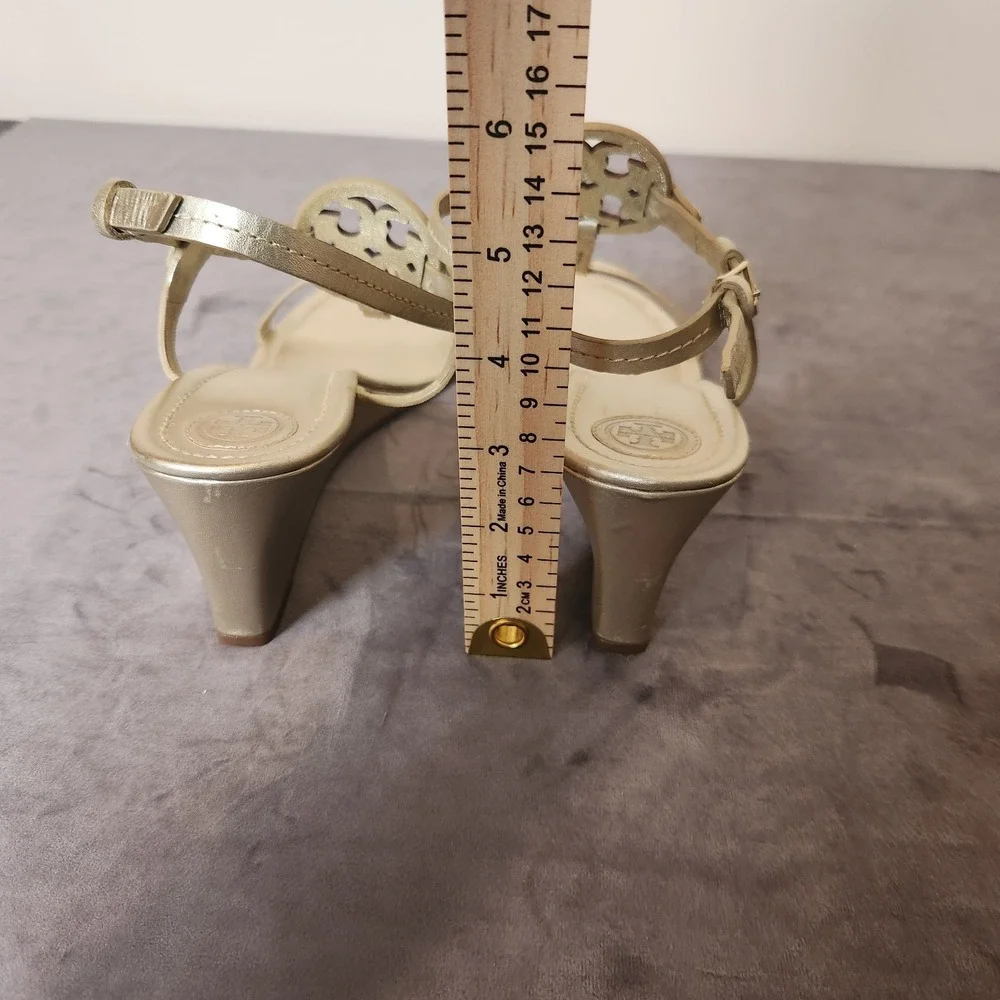 Tory Burch Gold Metallic Miller Logo T-Strap Low Wedge Sandal Leather Size 10M